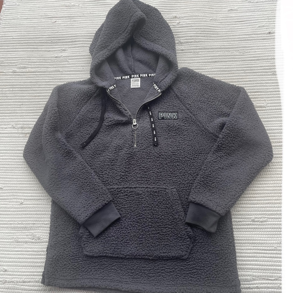 PINK Victoria’s Secret Gray Sherpa Quarter‑Zip Hoodie  Small – Super Cozy Fleece
